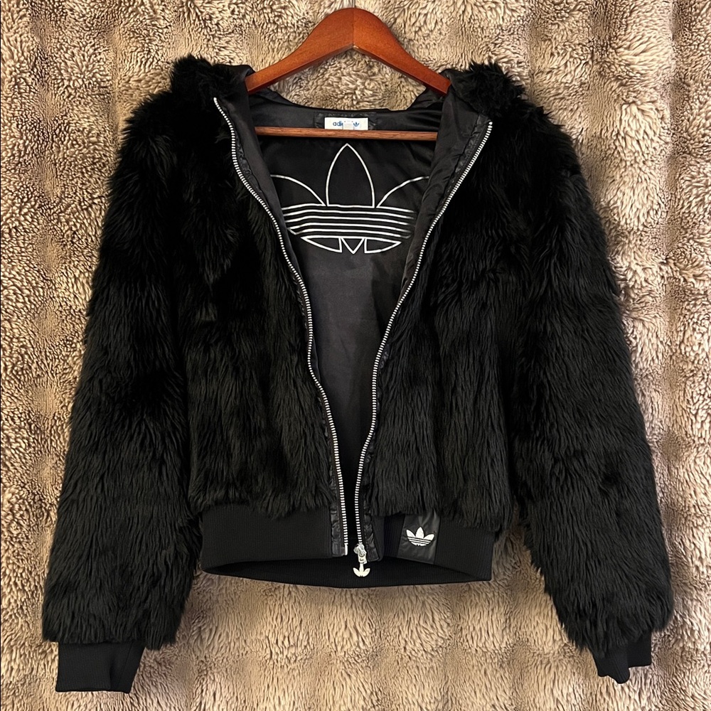 adidas Black Faux Fur Varsity Jacket